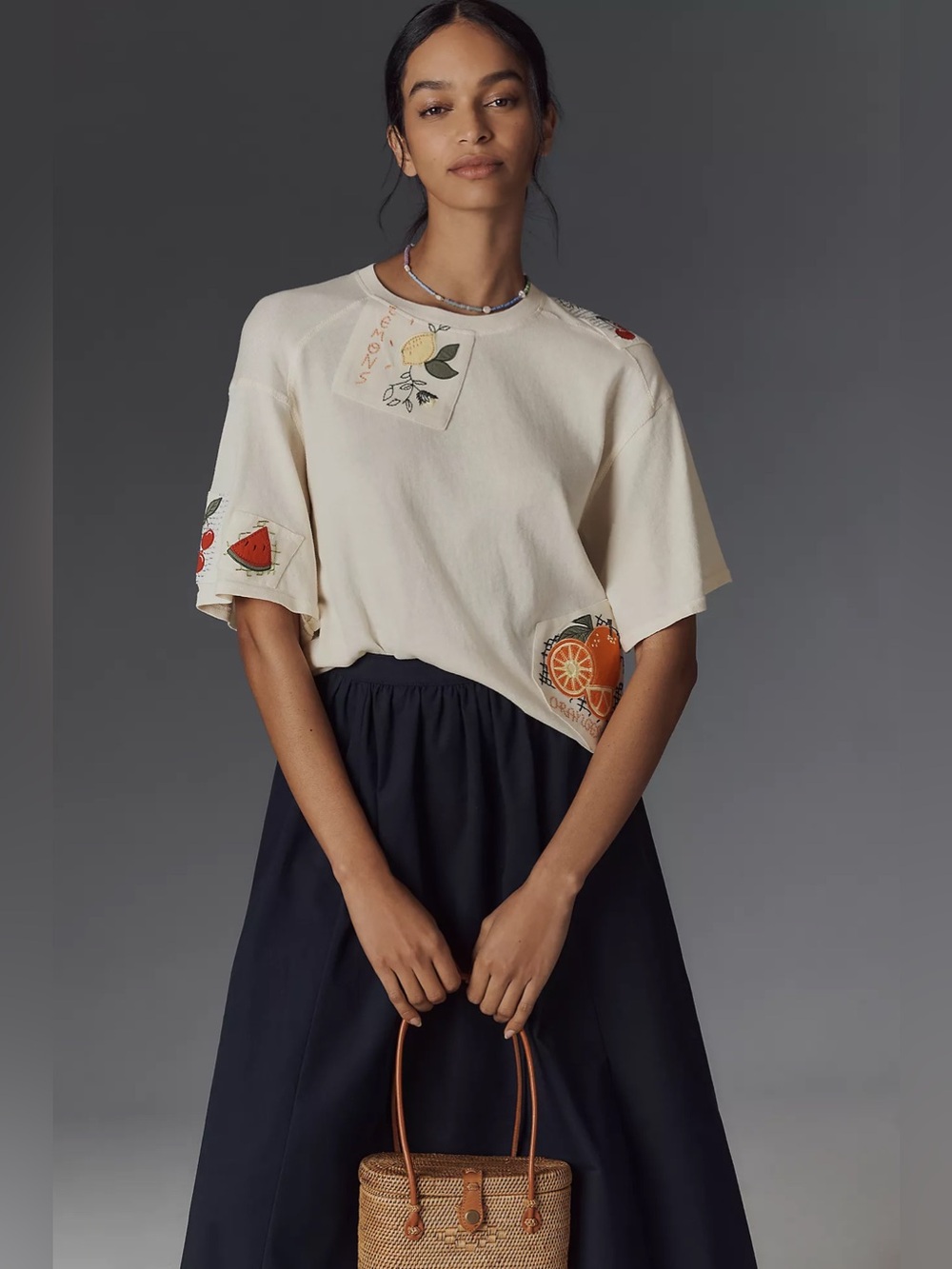 Maeve | Short-Sleeve Fruit-Embroidered Top | Small
